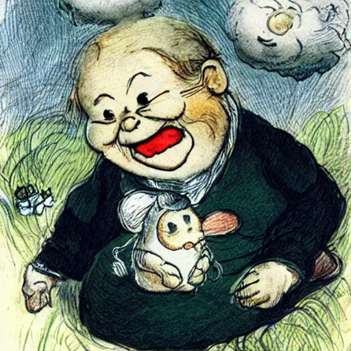 Image similar to candid portrait of floating white ball with face smiling eyes closed, surrounded by clouds, illustrated by peggy fortnum and beatrix potter and sir john tenniel