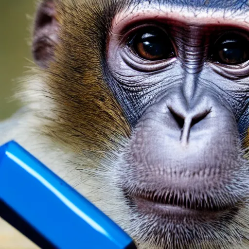 Prompt: photograph of a monkey showing a blue pen towards the camera, 4 k, full hd, highly detailed, close up