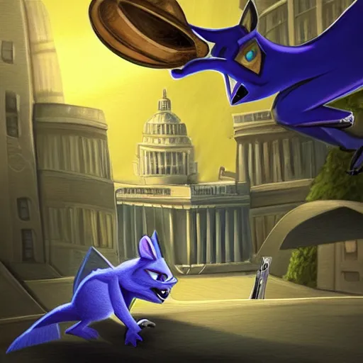 Prompt: “gorgeous detailed digital painting of sly cooper robbing the White House, cel shaded”