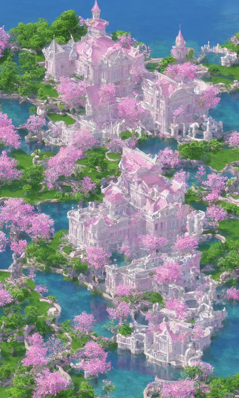 Prompt: magic baroque - style palace on the island, paradise, white, pink, luminous water, water reflection ， sakura, magic, realism, unreal engine, super detail, lifelike, 8 k, masterpiece, artstation, panorama, wide angle