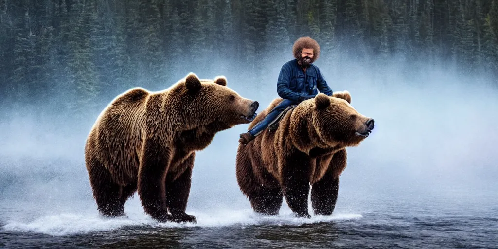 Prompt: bob ross riding on the back of a brown bear in alaska at fall season, outdoor, volumetric lighting, hyperrealistic, shutterstock contest winner, national geographic photo, stockphoto, majestic