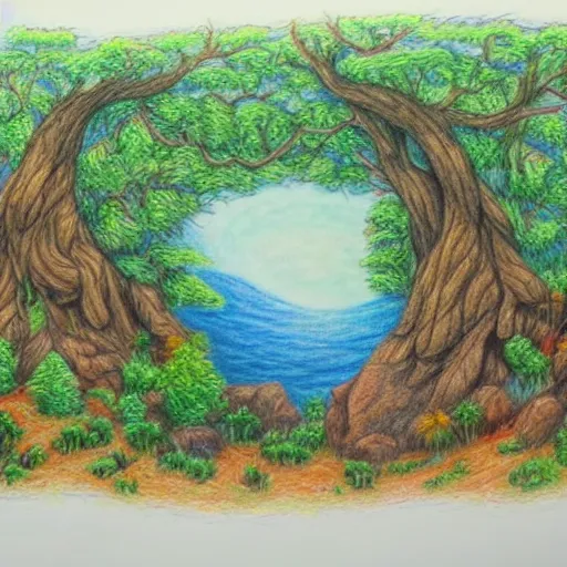 Prompt: Colored pencil art on paper, highly detailed, artstation, People, Plants and Trees, Animals, Magical Creatures, buildings, scenery, enchanted landscapes, PrismaColor