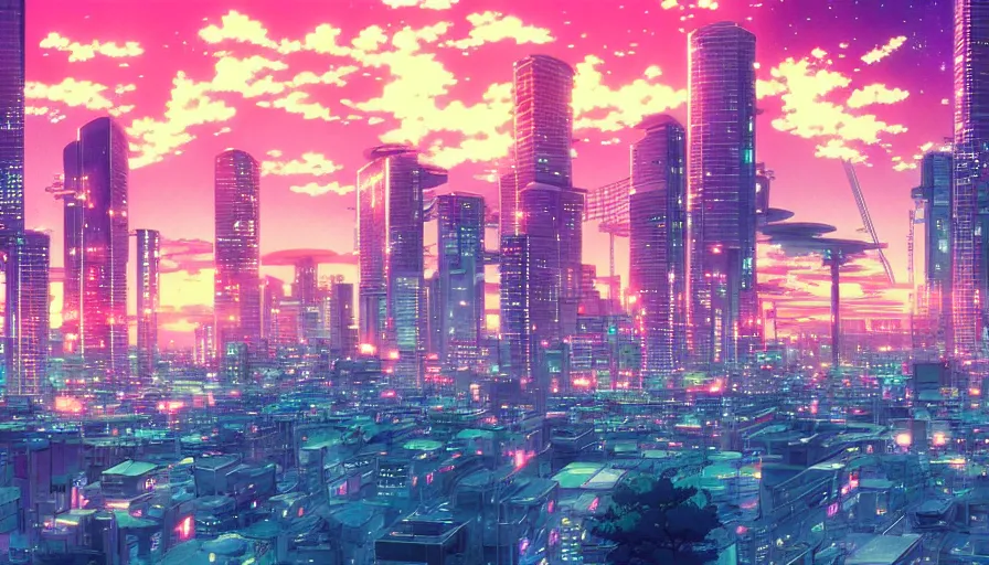Image similar to beautiful anime synthwave cityscape by makoto shinkai