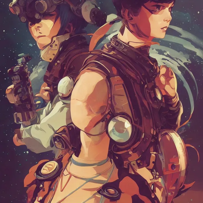 Image similar to anime portrait space pirate captain, futuristic science fiction, mucha, hard shadows and strong rim light, art by jc leyendecker and atey ghailan and sachin teng