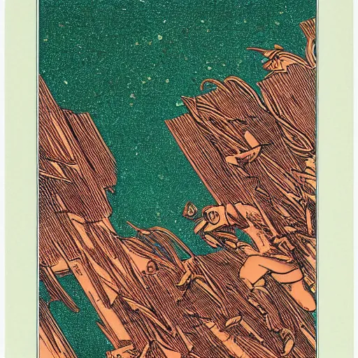 Image similar to a beautiful print. human technology that had become haunted, possessed by quick, gleaming cleverness. copper verdigris by al williamson daring, lush