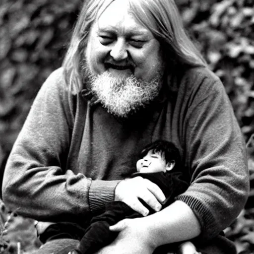 Image similar to robert wyatt cradling a goblin like a baby, photograph