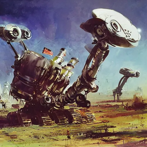 Prompt: a futuristic land walking vehicle with six robot legs and a huge cannon, painting by john berkey