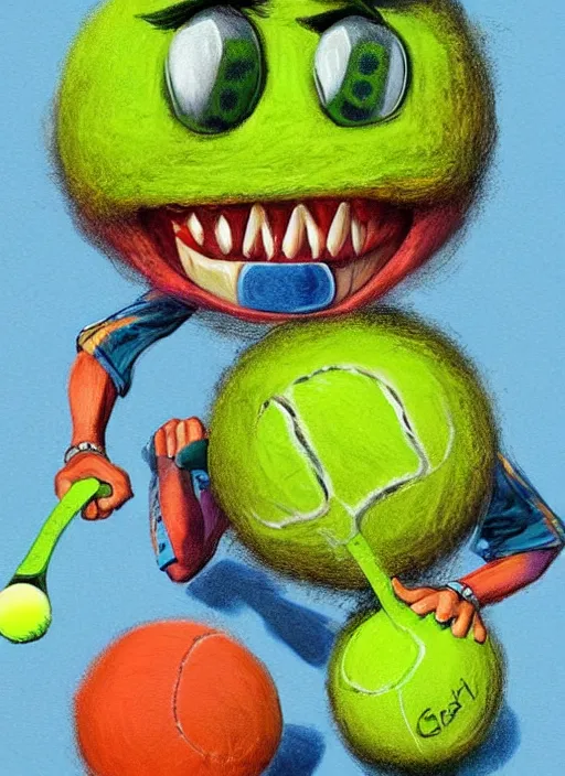 Prompt: tennis ball monsters playing tennis, a tennis ball monster ,tennis ball, colorful, digital art, fantasy, magic, trending on artstation, ultra detailed, professional illustration,chalk, poster artwork by Basil Gogos , clean