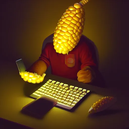 Image similar to Anthropomorphic corn cob using computer in a dark room, face illuminated, hyperrealistic, artstation, 8k, concept art, very detailed, hd, digital painting, shadows, dimly lit, dramatic lighting