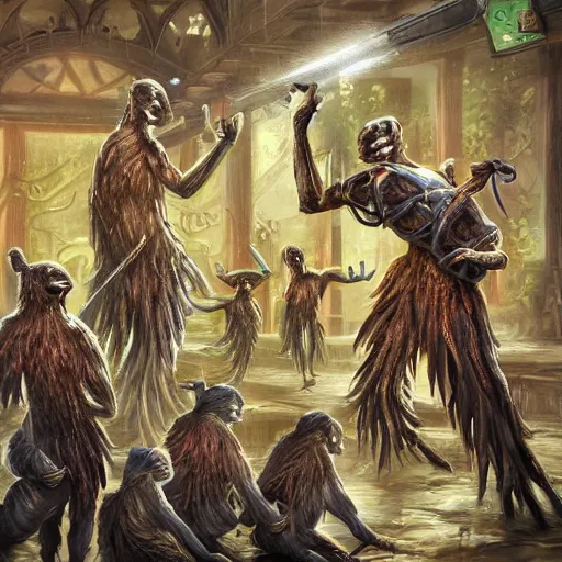 Prompt: fantasy art ultra detailed photo monkeys in fbi uniforms attacking a nursing home