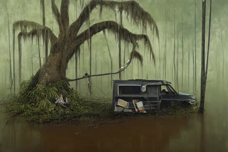 Image similar to scene from louisiana swamps, trailer in the woods, old couch, broken tv, parachute in a tree, voodoo artwork by tim eitel