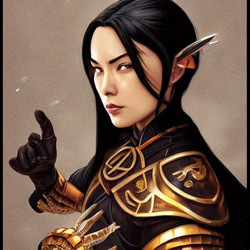 Image similar to Portrait of Azula wearing skintight black leather armor, Avatar the Last Airbender, Dungeons and Dragons, Lord of the Rings, intricate, elegant, highly detailed, digital painting, artstation, concept art, smooth, sharp focus, illustration, art by artgerm and greg rutkowski and alphonse mucha and andrei riabovitchev