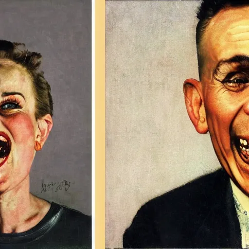 Image similar to Front portrait. On the left, a man trying to look as alpha male as possible. On the right, a woman laughing at him. A painting by Norman Rockwell.