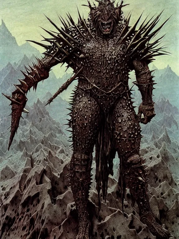 Image similar to A powerful large fanged orc with pale skin covered in scars stands near the mountains, wearing spiky complex detailed armor without a helmet. Extremely high detail, realistic, fantasy art, scars, solo, masterpiece, saturated colors, art by Zdzisław Beksiński, Arthur Rackham