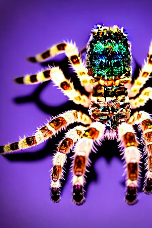 Image similar to high quality macro photo iridescent tarantula! jewelled supercute! highly detailed david ligare elson peter cinematic blue neon lighting high quality low angle hd 8k sharp shallow depth of field