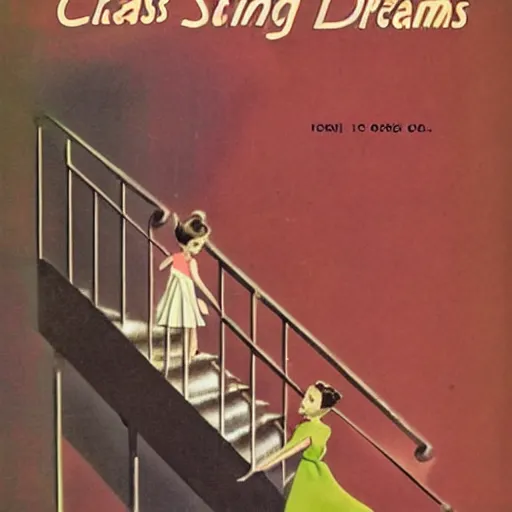 Prompt: chasing my dreams down a flight of stairs 1950s illustration