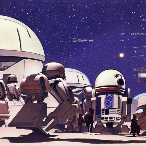 Image similar to ralph mcquarrie concept art of a futuristic mcdonalds. a space station is seen off in the distance with various droids and people walking in the foreground. a trooper is seen holding a brown mcdonalds bag.