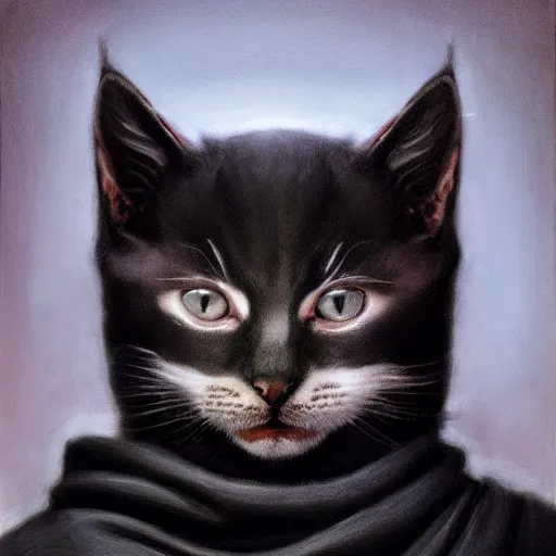 Image similar to a portrait of a kitten wearing a black hood, cloak covering face, anatomically correct, beautiful perfect face, enigmatic, oil painting, matte, black background, Volumetric dynamic lighting, Highly Detailed, Cinematic Lighting, Unreal Engine, 8k, HD, by Beksinski