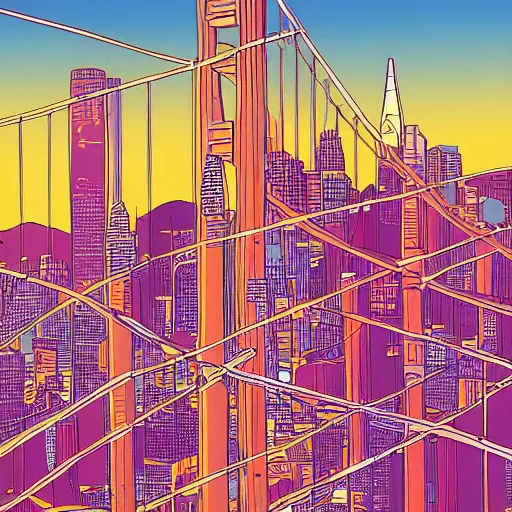 Prompt: an illustration of san fransisco in the style of moebius