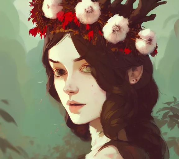 Prompt: portrait of forest godess with cotton flower crown, by atey ghailan, by greg rutkowski, by greg tocchini, by james gilleard, by joe fenton, by kaethe butcher, by ashley wood, dynamic lighting, gradient light red, brown, blonde cream and white color scheme, grunge aesthetic