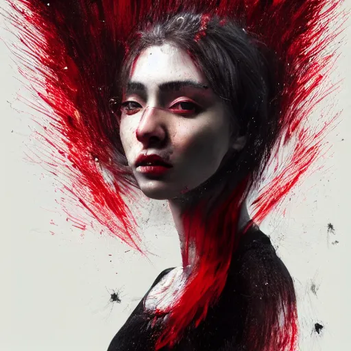 Image similar to masterpiece dynamic portrait of an aesthetic beautiful realistic black haired woman protesting, 3 0 years old woman, mid long hair, black eyed, with red marks on the face, digital painting by wlop, atmospheric red effects, sparkles, artstation, deviantart, large view, red color scheme, revolution, motion blur