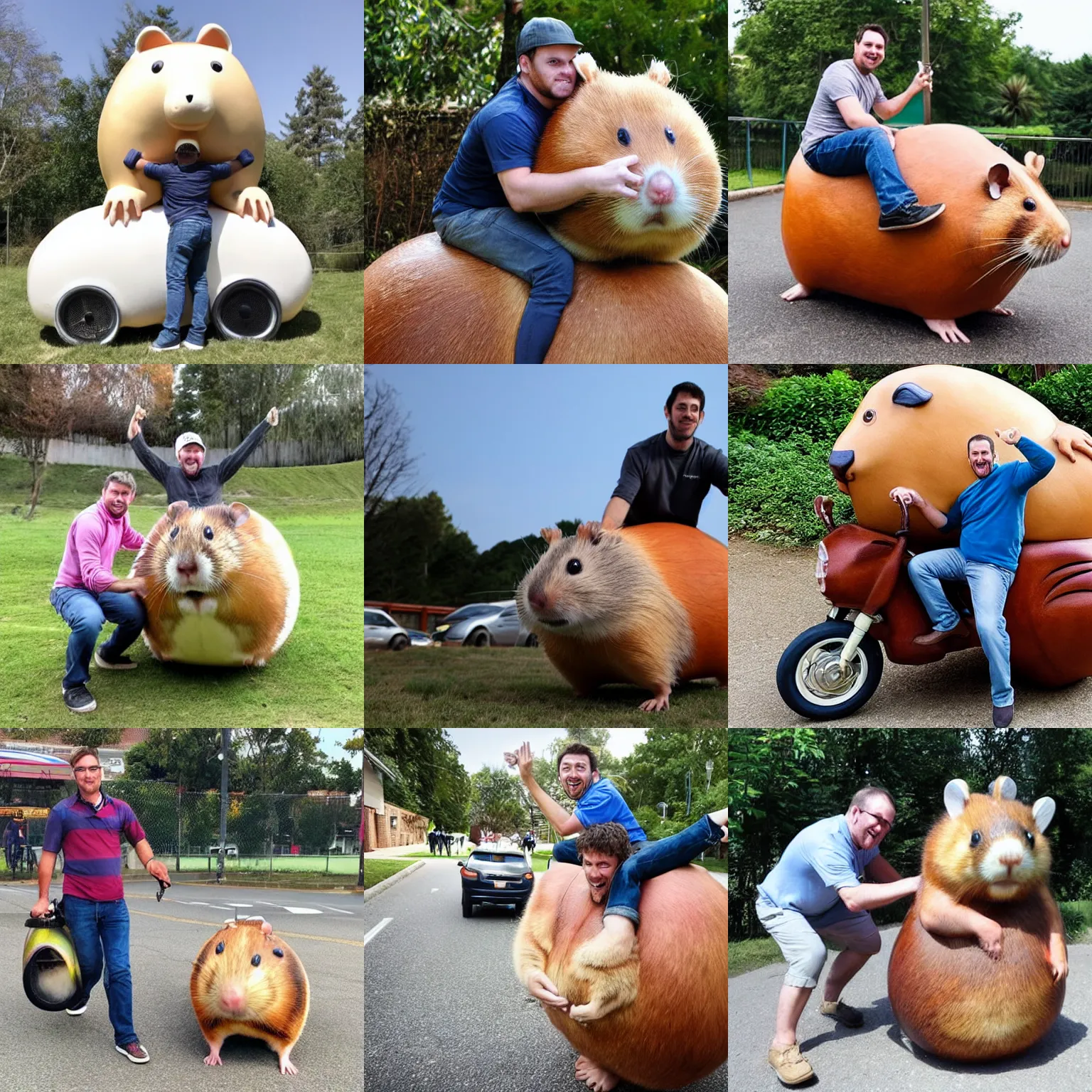 Prompt: man rides a giant hamster