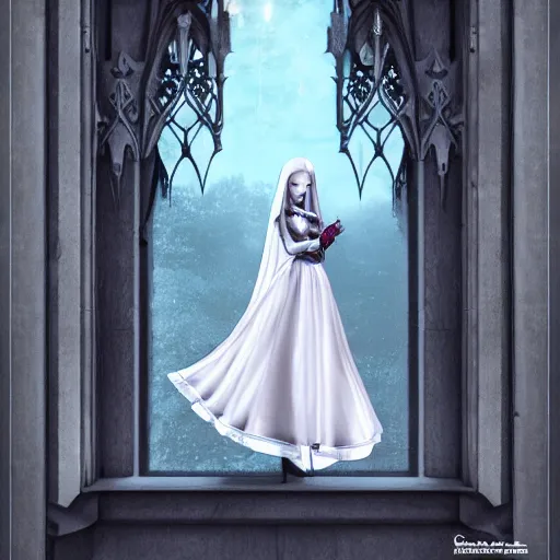 Prompt: elegant pale vampire girl stands by a window of a gothic mansion looking outside, by anne stokes, highly detailed, artstation, high resolution, gothic, gloomy