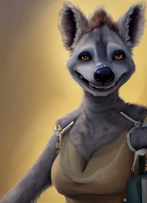 Image similar to oil painting detailed full body of anthromorphic female hyena, in style of zootopia, zootopia, zootopia, fursona, furry, furaffinity, 4 k, deviantart, furry art, fursona art, wearing astronaut outfit, in style of zootopia, hyena fursona, cyberpunk, female, detailed feminine face,