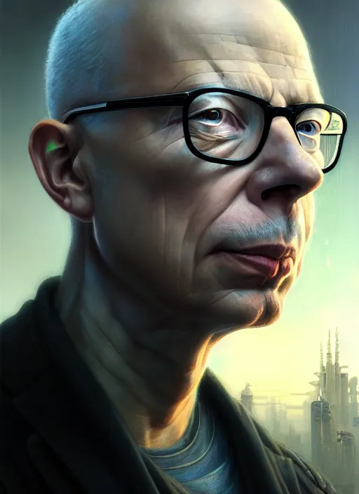 Image similar to closeup portrait shot of a cyberpunk klaus schwab in a scenic dystopian environment, intricate, elegant, highly detailed, centered, digital painting, artstation, concept art, smooth, sharp focus, illustration, artgerm, tomasz alen kopera, peter mohrbacher, donato giancola, joseph christian leyendecker, wlop, boris vallejo