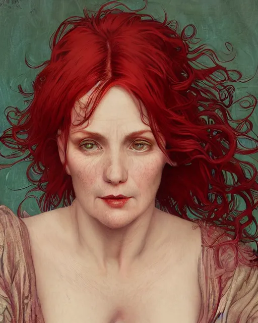 Image similar to portrait of short and plump 5 0 - year - old woman with red hair and a kind face, wearing dress, hyper realistic face, beautiful eyes, close up, fantasy art, in the style of greg rutkowski, intricate, alphonse mucha, hyper detailed, smooth