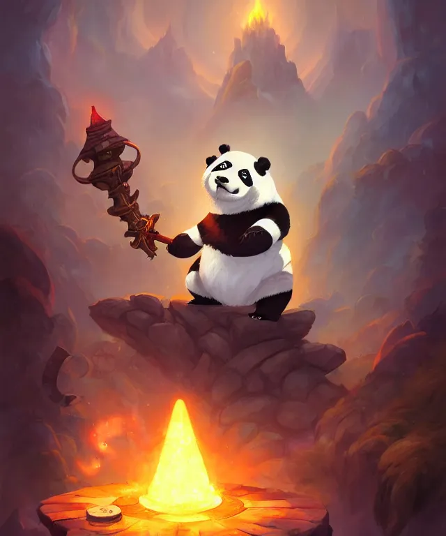 Image similar to a portrait an anthropomorphic panda mage casting a spell, wearing mage robes, landscape in background, cute, dnd character art portrait, by world of warcraft and peter mohrbacher, cinematic lighting