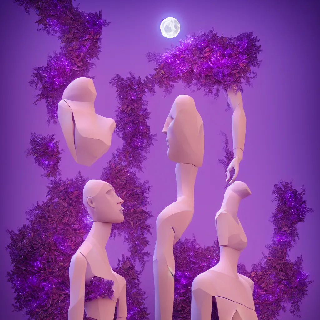 Prompt: beautiful mannequin sculpted out of amethyst by billelis + lit with 3 d geometric neon + facing a doorway opening with neon pink geometric fractal light + flowering hosta plants!!!, moon in background!, rule of thirds, clean linework, dramatic, award winning, 4 k, trending on artstation, photorealistic, volumetric lighting, octane render