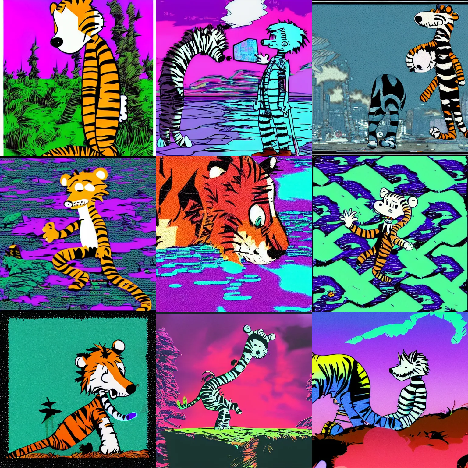 Prompt: Calvin and Hobbes glitch art vaporwave
