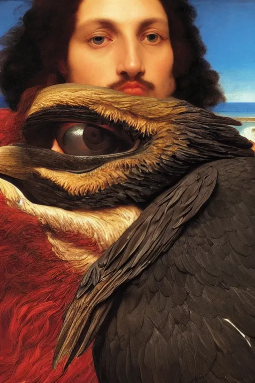 Image similar to a breathtakingly stunningly beautifully highly detailed extreme close up portrait of a giant majestic raven, by michael cheval and frederic leighton and rosetti and turner and eugene von guerard, 4 k