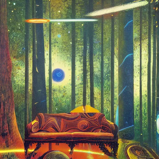 Prompt: psychedelic couch lush pine forest, outer space, milky way, designed by arnold bocklin, jules bastien - lepage, tarsila do amaral, wayne barlowe and gustave baumann, cheval michael, trending on artstation, star, sharp focus, colorful refracted sparkles and lines, soft light, 8 k 4 k