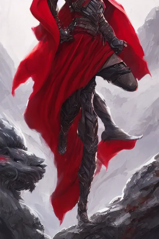 Prompt: wolf warrior in red cape and hood, d & d, fantasy, portrait, highly detailed, headshot, digital painting, trending on artstation, concept art, sharp focus, illustration, art by artgerm and greg rutkowski and magali villeneuve