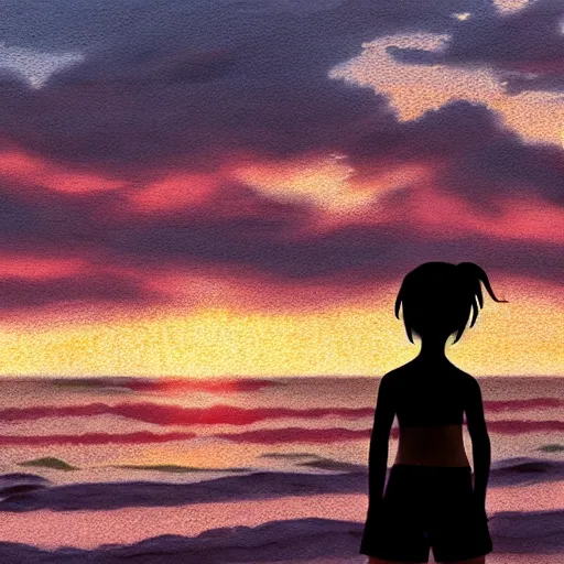 Image similar to girl looking at the sea on the beach during sunset, realistic shaded, highly detailed, anime, realistic