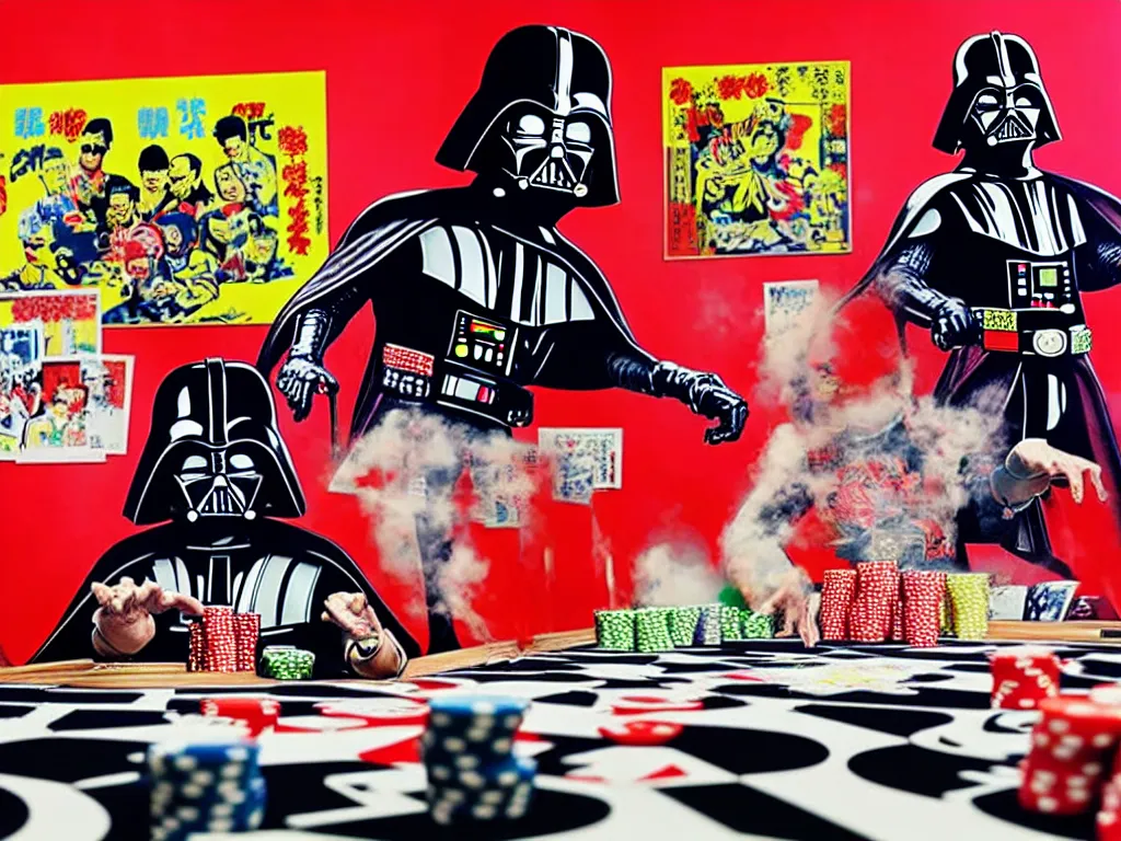 Image similar to hyper - realistic composition of a room with an extremely detailed poker table, croupier in traditional japanese kimono standing nearby, darth vader sitting at the table, fireworks in the background, pop art style, jackie tsai style, andy warhol style, acrylic on canvas