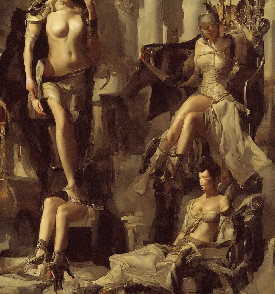 Prompt: splendid tall ingres slavian comtessa cyborg painting, greg rutkowski, on her throne