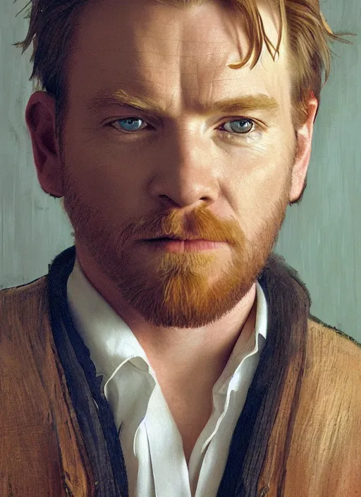 Image similar to Beautiful half body portrait of Ewan McGregor's Obi-Wan Kenobi, intricate, elegant, digital painting, ilustratiom, artwork by Vermeer and alphonse mucha