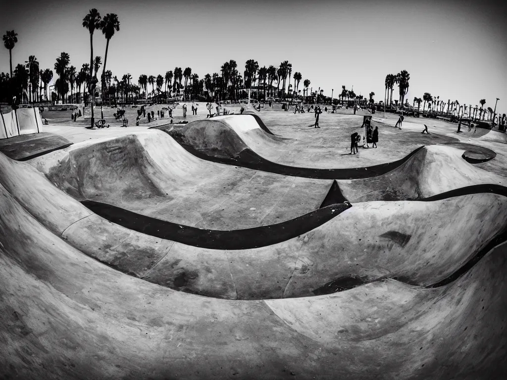 Prompt: “A black and white fisheye photo of Venice beach skate park”