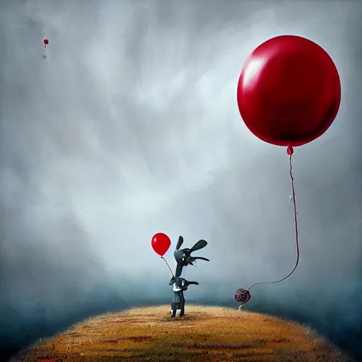 Prompt: surrealism grunge cartoon landscape painting of a cartoon bunny and a red balloon by - michal karcz, loony toons style, pennywise style, horror theme, detailed, elegant, intricate