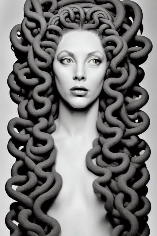 Image similar to full - length portrait of medusa gorgon, fashion color studio lighting, 3 5 mm, head to shoulders shot, close - up