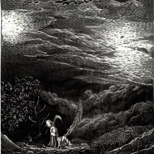 Prompt: wanderer, lake, forest, dark clouds, angels, demons, moon, nightsky, moonrays, shadows, high detail, gorgeous view, depth, illustration by Gustav Doré