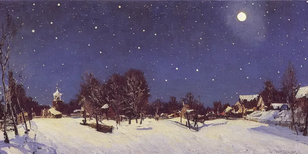 Image similar to a scene of a small rural russian village at night, stars, moon, wintertime, painting by isaac levitan
