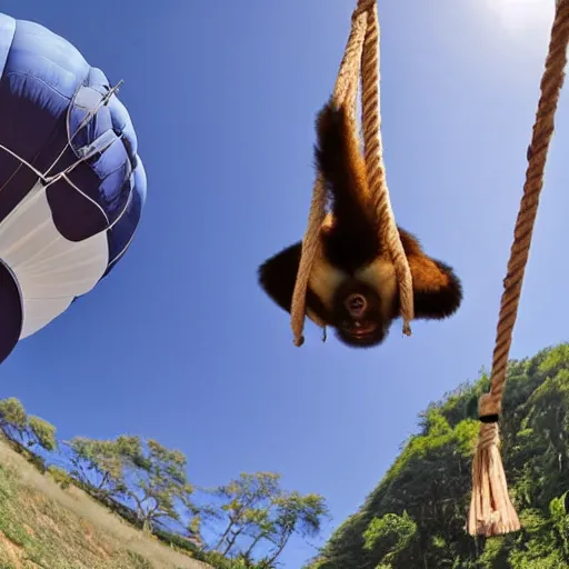 Image similar to gibbon hanging upside down from rope attached to hot - air balloon, smiling at camera, exaggerated perspective