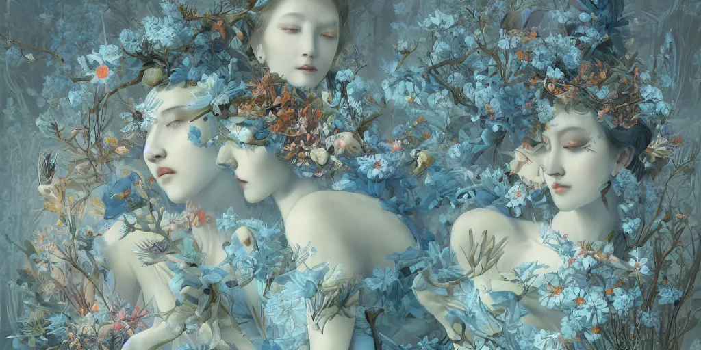 Image similar to breathtaking detailed concept art painting art deco pattern of faces goddesses amalmation light - blue flowers with anxious piercing eyes and blend of flowers and birds, by hsiao - ron cheng and john james audubon, bizarre compositions, exquisite detail, extremely moody lighting, 8 k