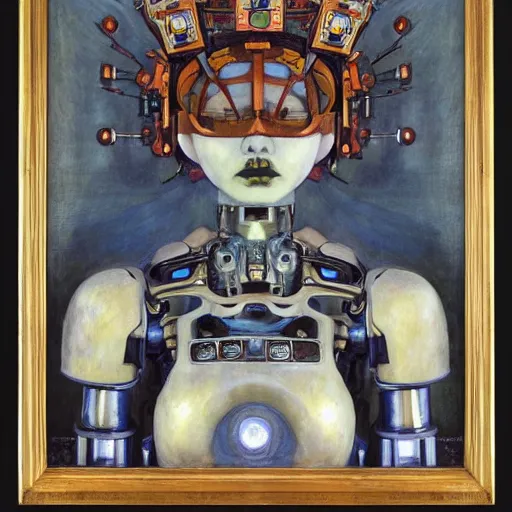 Image similar to grieving robot wearing the bone crown, by Annie Swynnerton and Diego Rivera , symbolist, dramatic lighting, elaborate geometric ornament, Art Brut, soft cool colors,smooth, sharp focus, extremely detailed, Adolf Wölfli and (Donato Giancola)