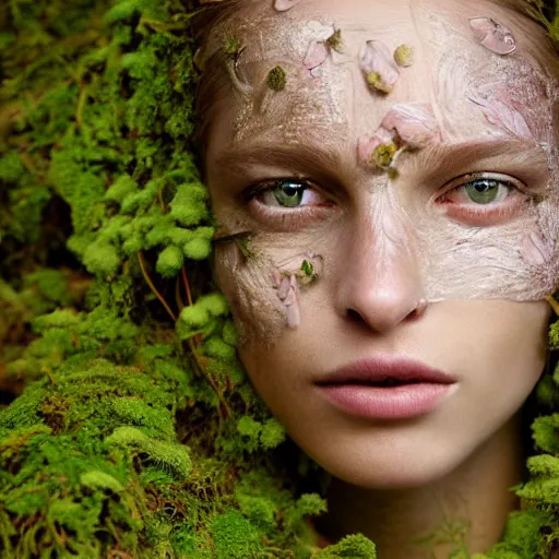 Prompt: beautiful portrait of a woman\'s face, her skin covered in moss and flowers, golden sunlight, extremely detailed, hyperrealistic, photo by annie leibovitz, masterpiece, award-winning