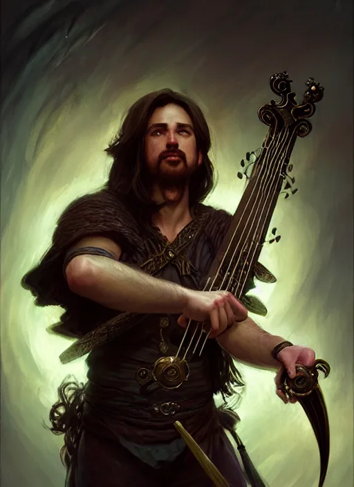 Image similar to male bard playing lute, full body, hyper realistic, extremely detailed, dnd character art portrait, dark fantasy art, intricate fantasy painting, dramatic lighting, vivid colors, deviantart, artstation, by clyde caldwell and krenz cushart and artem demura and john williams waterhouse